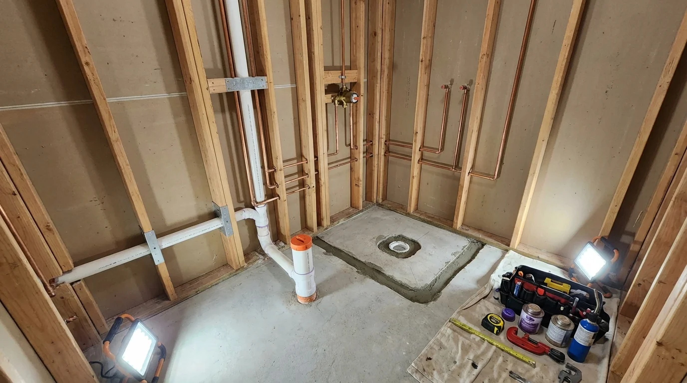 Bathroom rough-in plumbing during remodel by Johns Plumbing LLC in Fenton