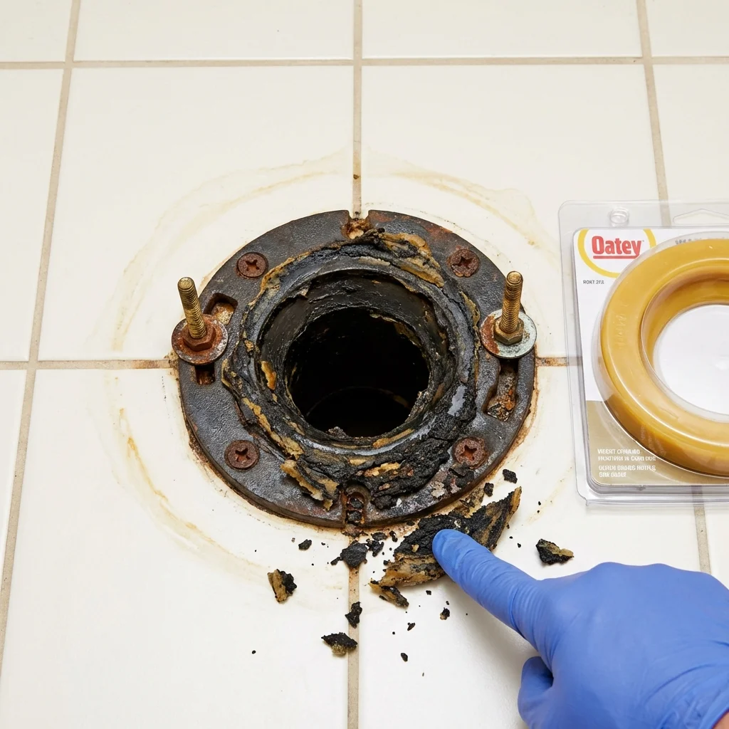 Failed wax ring showing water seepage at the base of a toilet in a Fenton, MO home